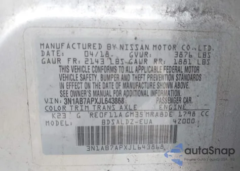 2018 Nissan Sentra Sv z USA, uszkodzony, nr VIN 3N1AB7APXJL643868